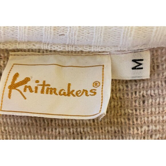 Vintage Knitmakers Floral Pattern Sweater With Ribbed Hem & Cuffs Beige Pink Ton - Picture 2 of 3